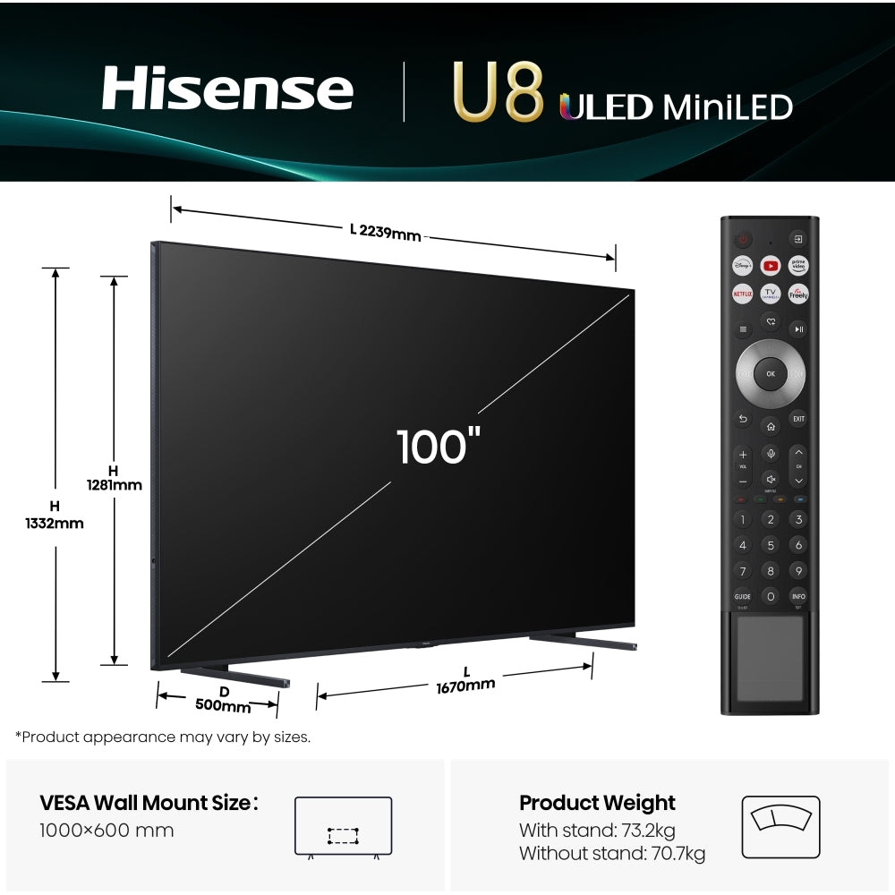 Hisense 100U8QTUK 100" ULED Mini LED Smart Television - product image 2