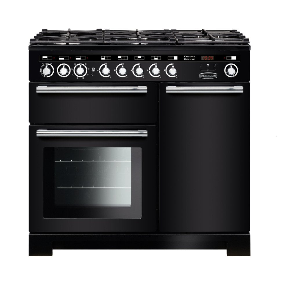Rangemaster EDL100DFFBL/C Encore Deluxe Black / Chrome 100cm Dual Fuel Range Cooker - product image 1
