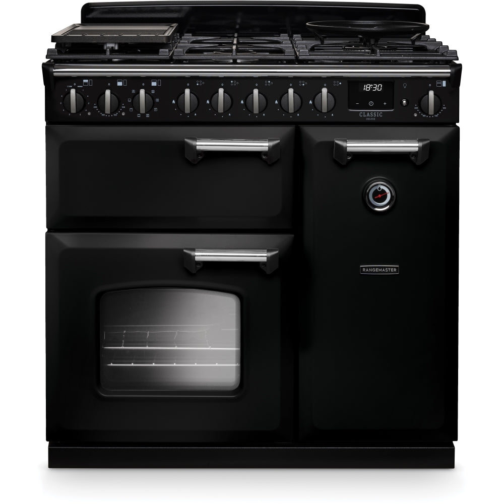 Rangemaster CLDL90DFPGBL/CM1 Classic Deluxe Gloss Black / Chrome 90cm Dual Fuel Range Cooker - product image 1