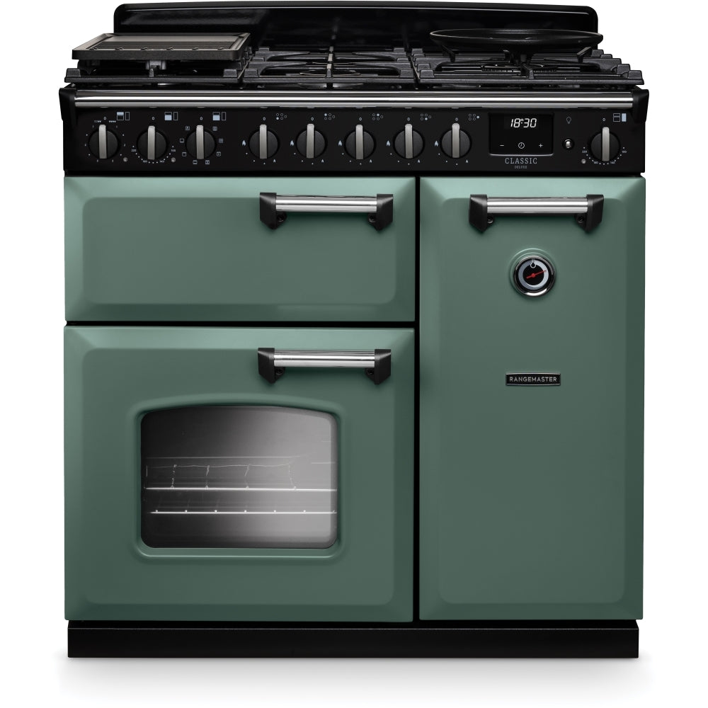 Rangemaster CLDL90DFPMGR/CM1 Classic Deluxe Mineral Green / Chrome 90cm Dual Fuel Range Cooker - product image 1