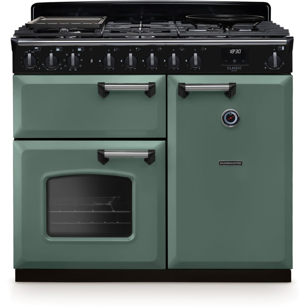 Rangemaster CLDL100DFPMGR/CM1 Classic Deluxe Mineral Green / Chrome 100cm Dual Fuel Range Cooker - product image 1