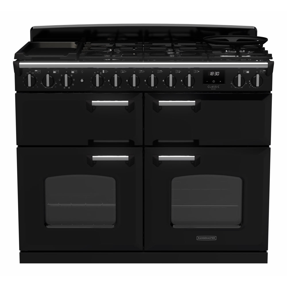 Rangemaster CLDLB110DFPGBL/CM1 Classic Deluxe Gloss Black / Chrome 110cm Dual Fuel Range Cooker - product image 1