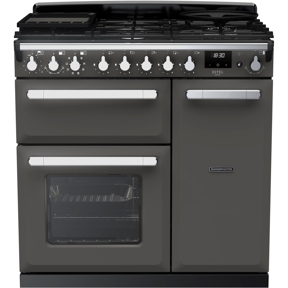 Rangemaster ESDL90DFPSLT/CM1 Estel Deluxe Slate / Chrome 90cm Dual Fuel Range Cooker - product image 1