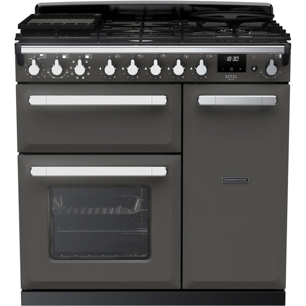 Rangemaster ESDL90DFPSLT/CM1 Estel Deluxe Slate / Chrome 90cm Dual Fuel Range Cooker - product image 1