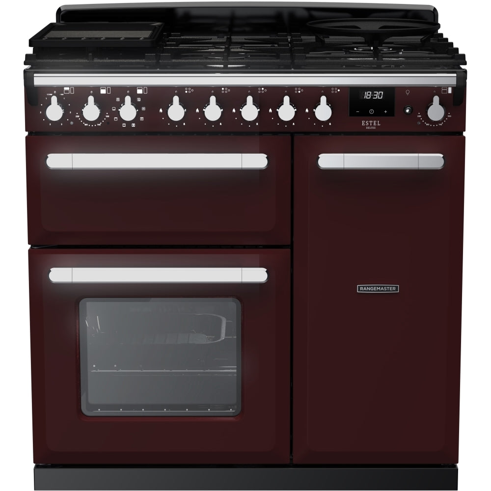Rangemaster ESDL90DFPBOR/CM1 Estel Deluxe Bordeaux / Chrome 90cm Dual Fuel Range Cooker - product image 1