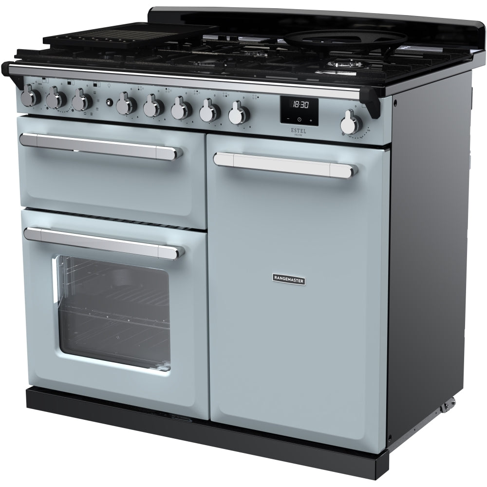 Rangemaster ESDL100DFPMSB/CM1 Estel Deluxe Misty Blue / Chrome 100cm Dual Fuel Range Cooker - product image 2