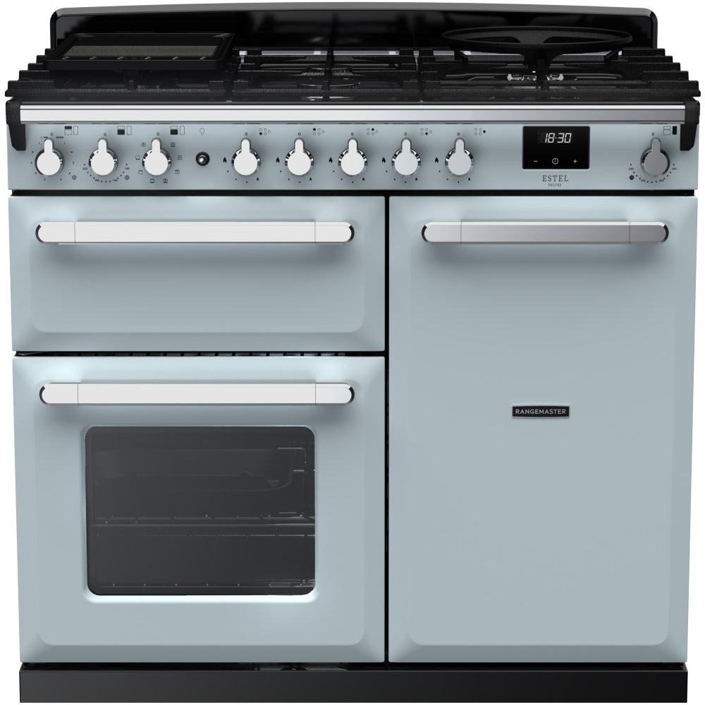 Rangemaster ESDL100DFPMSB/CM1 Estel Deluxe Misty Blue / Chrome 100cm Dual Fuel Range Cooker - product image 1