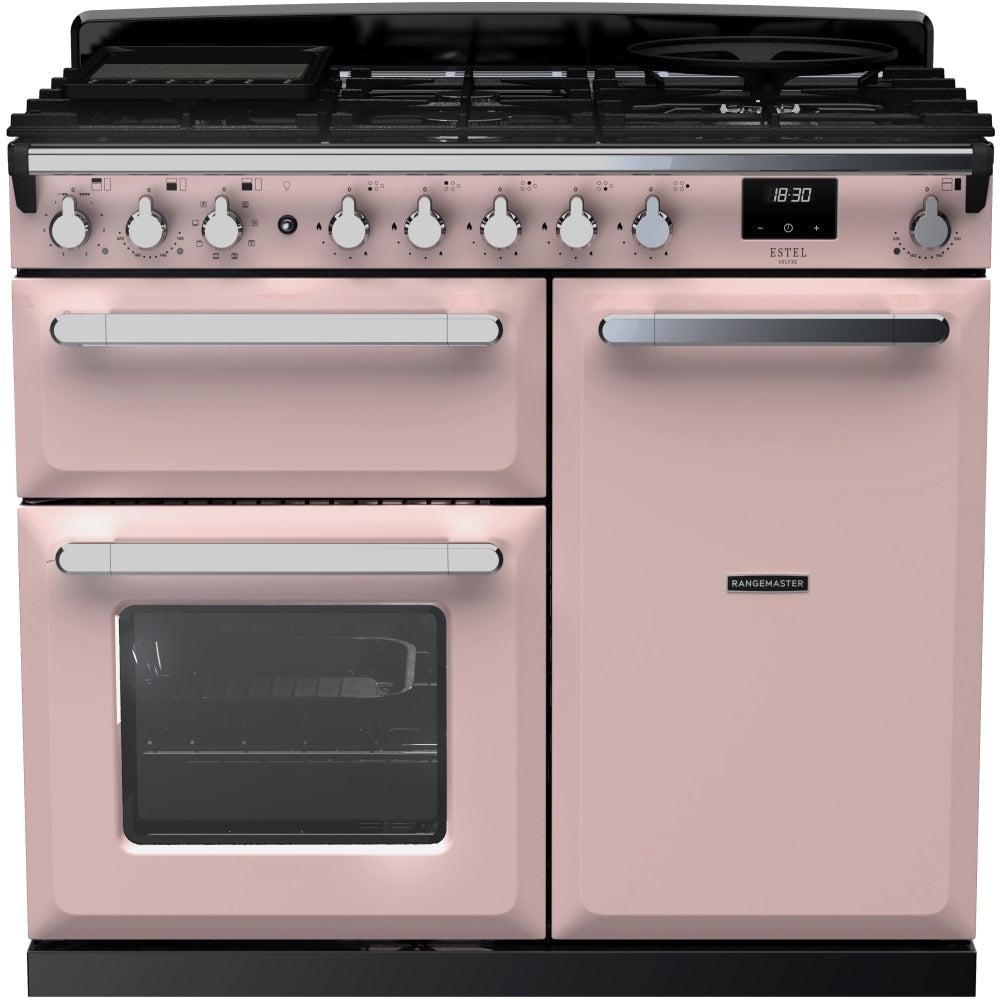 Rangemaster ESDL100DFPPPK/CM1 Estel Deluxe Pale Pink / Chrome 100cm Dual Fuel Range Cooker - product image 1