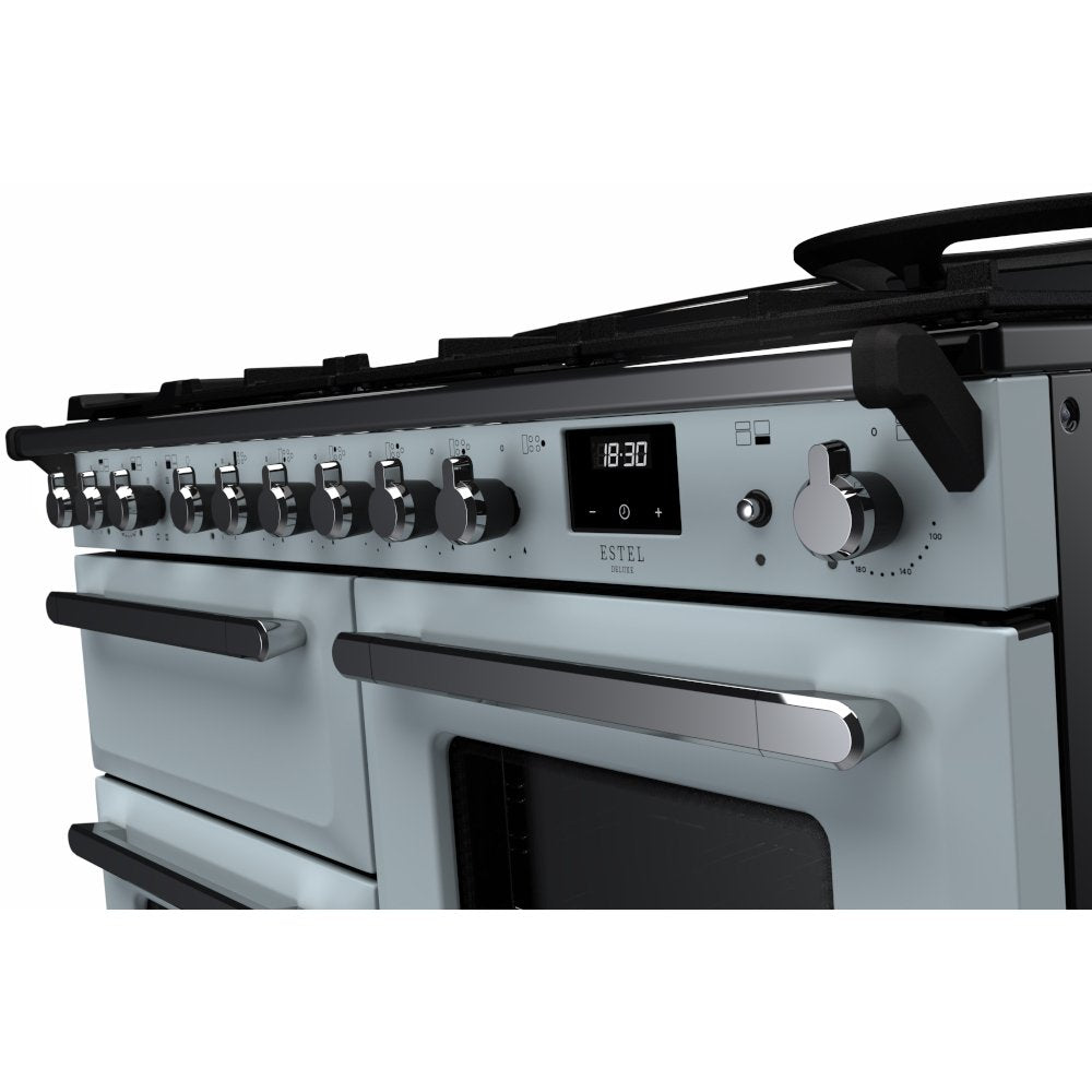Rangemaster ESDLO110DFPMSB/CM1 Estel Deluxe Misty Blue / Chrome 110cm Dual Fuel Range Cooker - product image 3