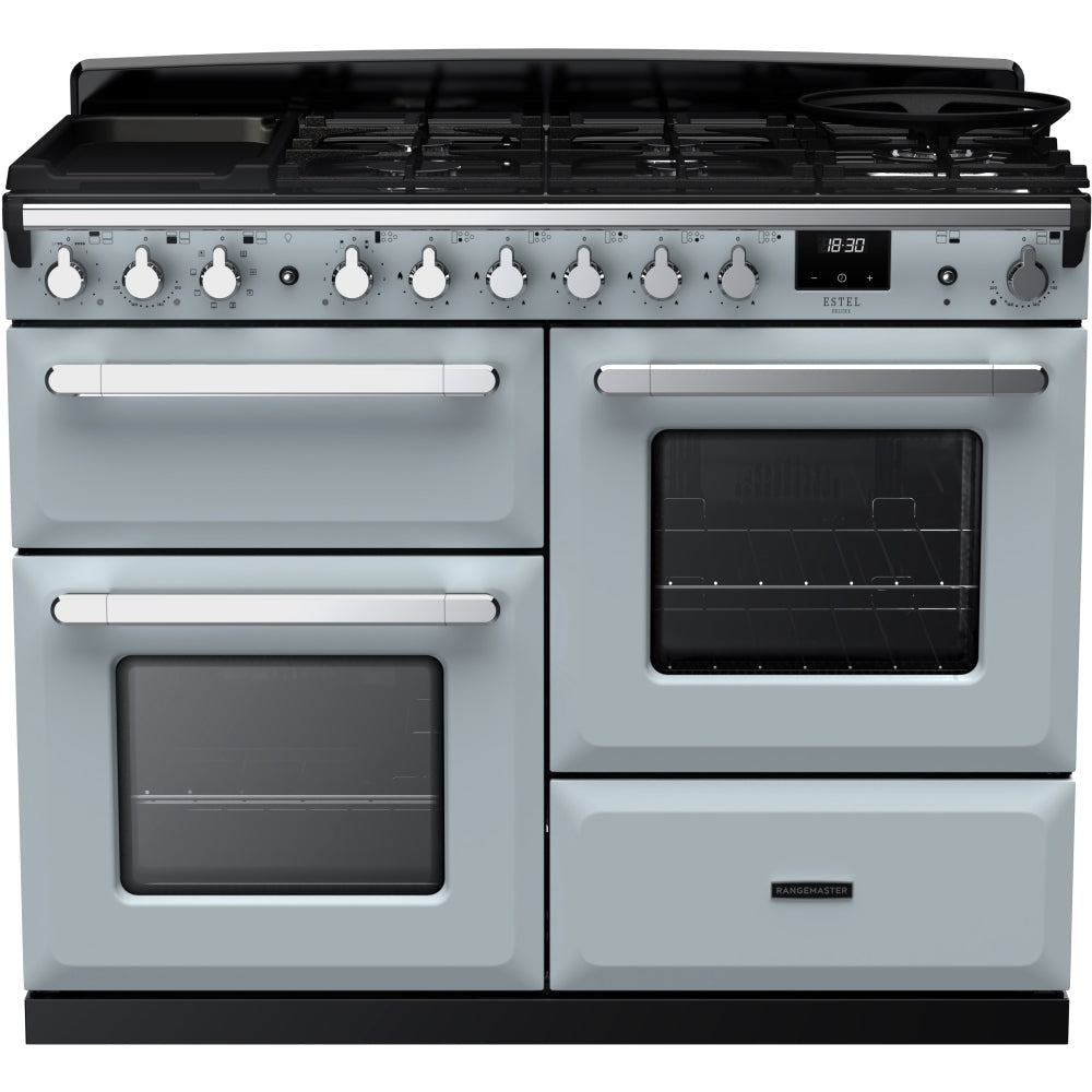 Rangemaster ESDLO110DFPMSB/CM1 Estel Deluxe Misty Blue / Chrome 110cm Dual Fuel Range Cooker - product image 1