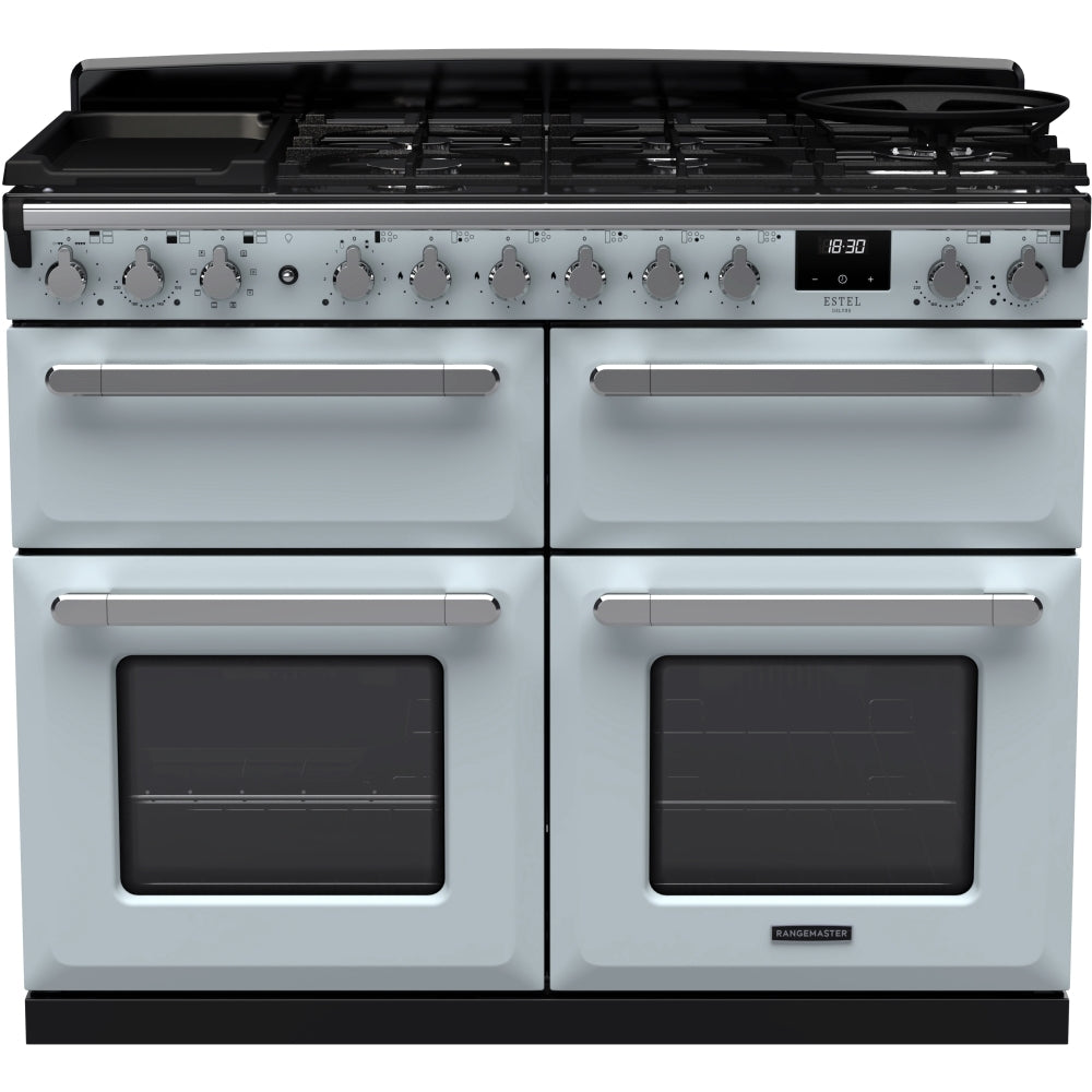 Rangemaster ESDLB110DFPMSB/CM1 Estel Deluxe Misty Blue / Chrome 110cm Dual Fuel Range Cooker - product image 1