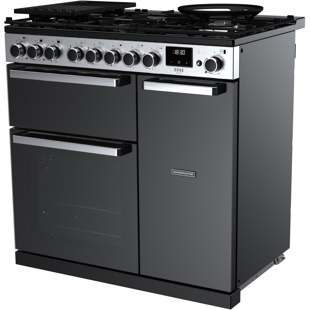 Rangemaster EDDL90DFGBLK/CM1 Edge Deluxe Black Glass / Chrome 90cm Dual Fuel Range Cooker - product image 2