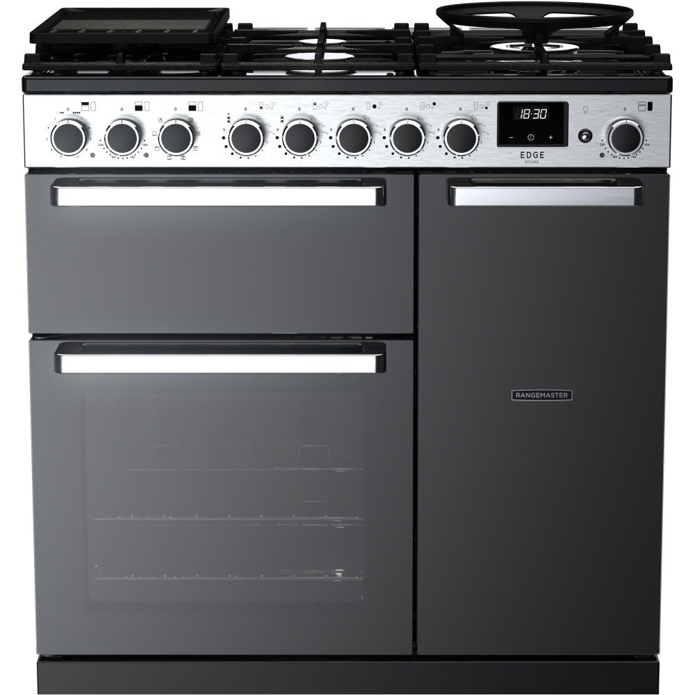 Rangemaster EDDL90DFGBLK/CM1 Edge Deluxe Black Glass / Chrome 90cm Dual Fuel Range Cooker - product image 1