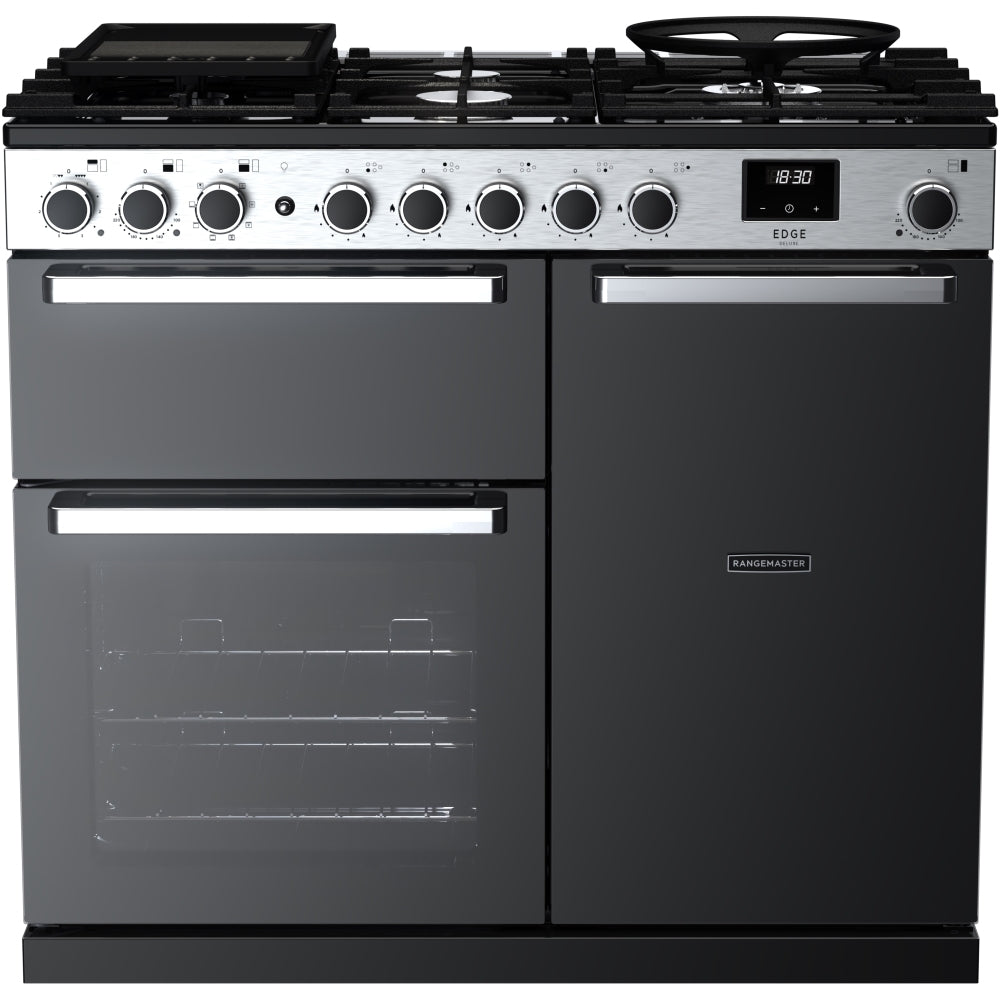 Rangemaster EDDL100DFGBLK/CM1 Edge Deluxe Black Glass / Chrome 100cm Dual Fuel Range Cooker - product image 1
