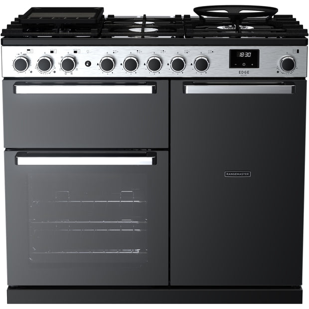 Rangemaster EDDL100DFGBLK/CM1 Edge Deluxe Black Glass / Chrome 100cm Dual Fuel Range Cooker - product image 1