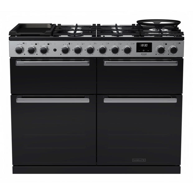 Rangemaster EDDLB110DFGBLK/CM1 Edge Deluxe Black Glass / Chrome 110cm Dual Fuel Range Cooker - product image 1