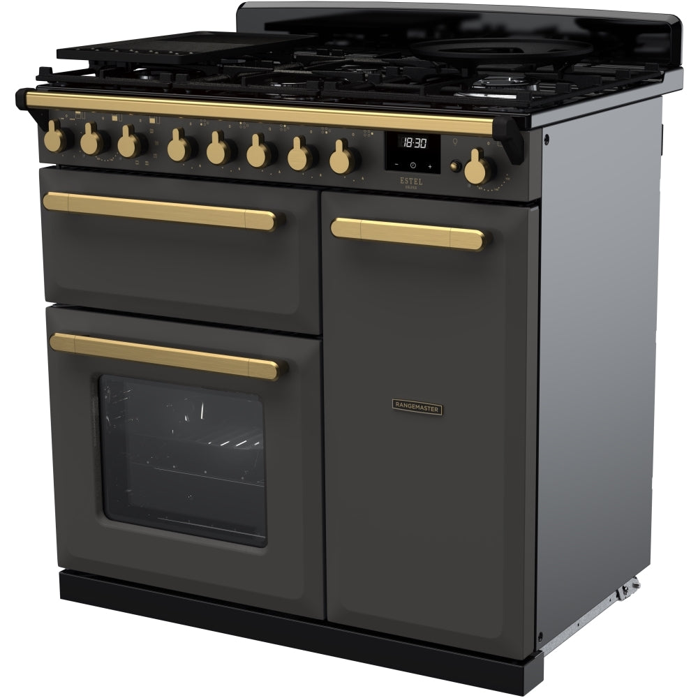Rangemaster ESDL90DFPSLT/AB1 Estel Deluxe Slate / Antique Brass 90cm Dual Fuel Range Cooker - product image 2