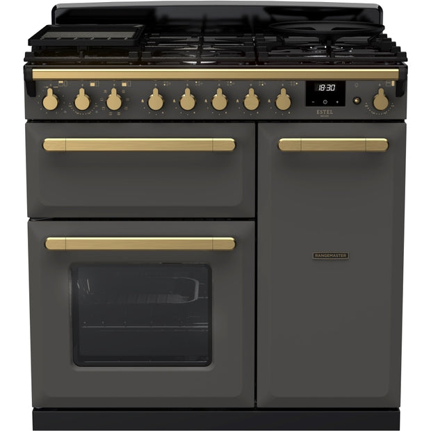 Rangemaster ESDL90DFPSLT/AB1 Estel Deluxe Slate / Antique Brass 90cm Dual Fuel Range Cooker - product image 1