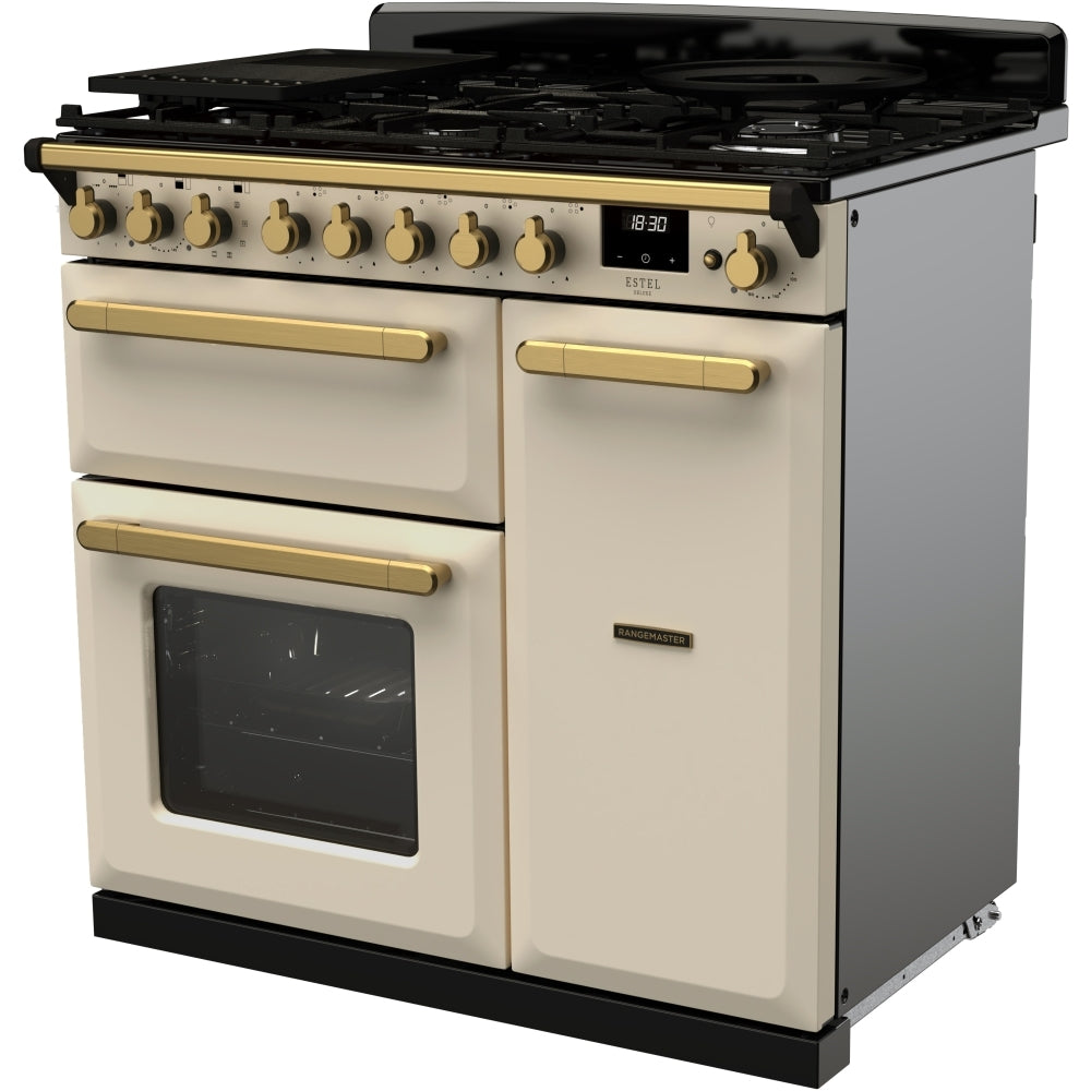Rangemaster ESDL90DFPPCR/AB1 Estel Deluxe Pale Cream / Antique Brass 90cm Dual Fuel Range Cooker - product image 2