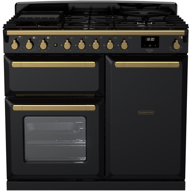 Rangemaster ESDL100DFPGBL/AB1 Estel Deluxe Black / Antique Brass 100cm Dual Fuel Range Cooker - product image 1