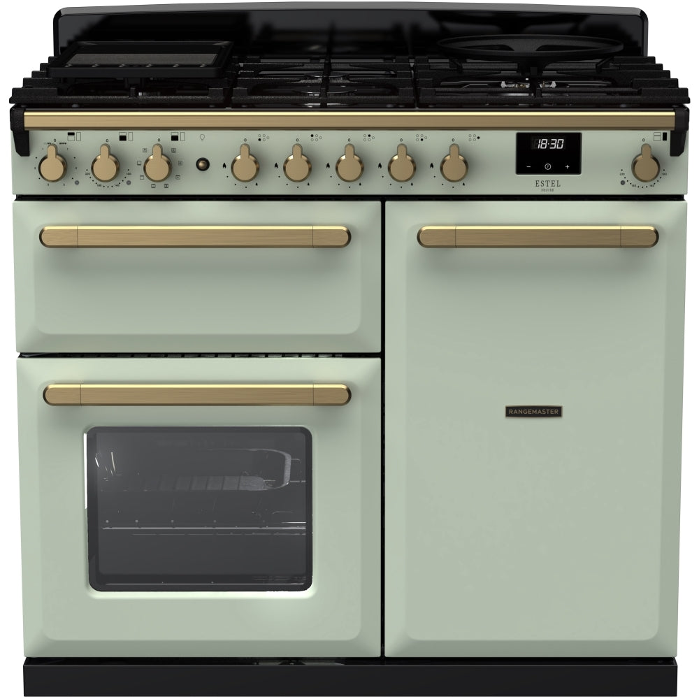 Rangemaster ESDL100DFPMNT/AB1 Estel Deluxe Mint / Antique Brass 100cm Dual Fuel Range Cooker - product image 1