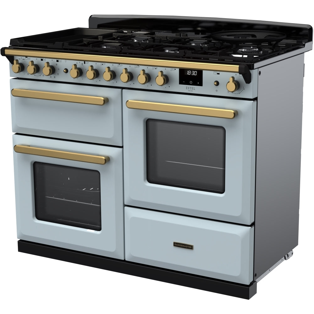 Rangemaster ESDLO110DFPMSB/AB1 Estel Deluxe Misty Blue / Antique Brass 110cm Dual Fuel Range Cooker - product image 2