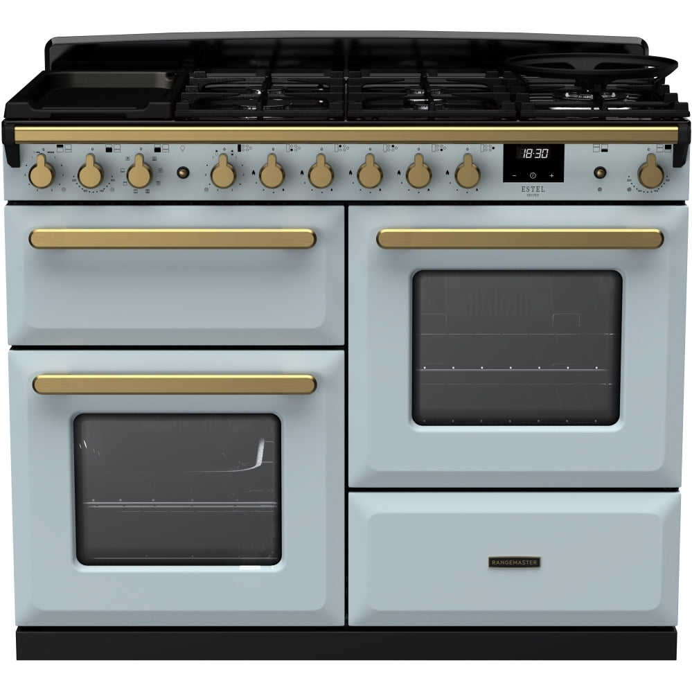 Rangemaster ESDLO110DFPMSB/AB1 Estel Deluxe Misty Blue / Antique Brass 110cm Dual Fuel Range Cooker - product image 1