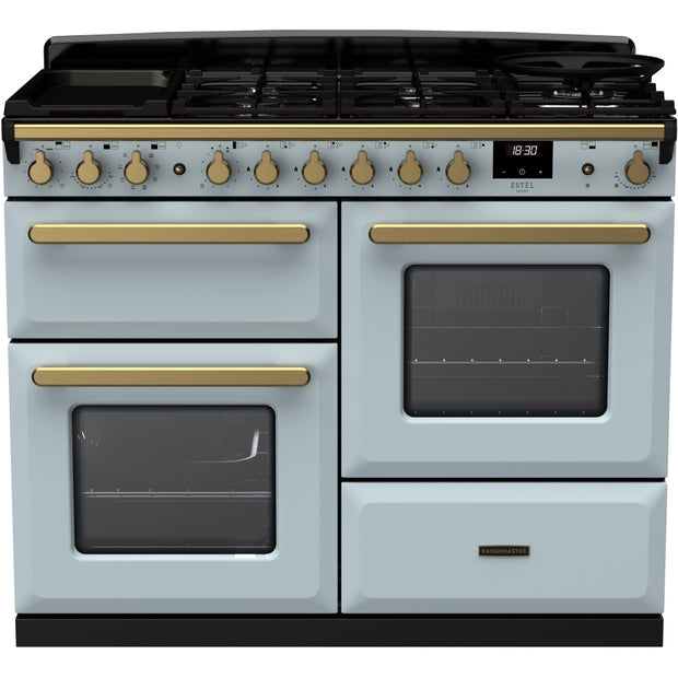 Rangemaster ESDLO110DFPMSB/AB1 Estel Deluxe Misty Blue / Antique Brass 110cm Dual Fuel Range Cooker - product image 1