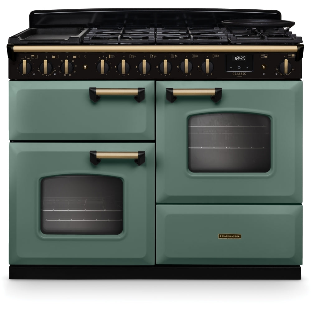 Rangemaster CLDLO110DFPMGR/AB1 Classic Deluxe Mineral Green / Antique Brass 110cm Dual Fuel Range Cooker - product image 1