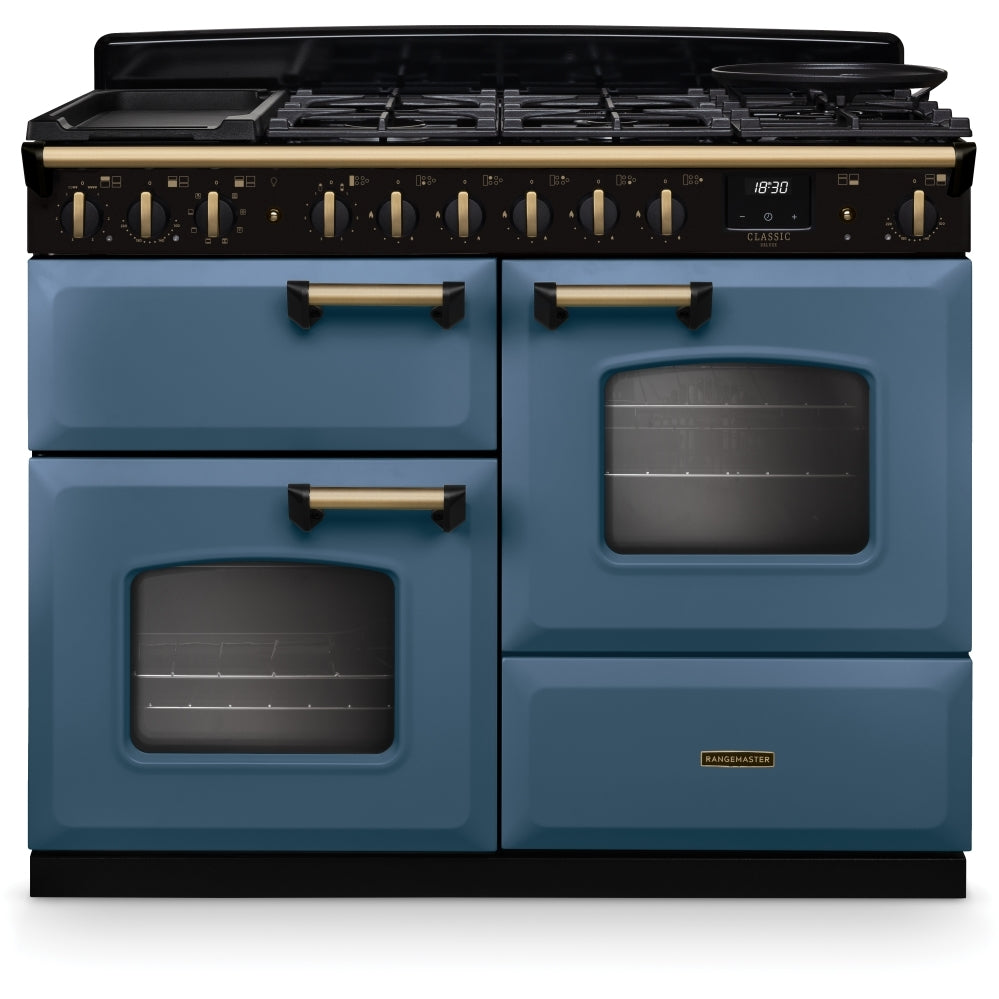 Rangemaster CLDLO110DFPSTB/AB1 Classic Deluxe Stone Blue / Antique Brass 110cm Dual Fuel Range Cooker - product image 1