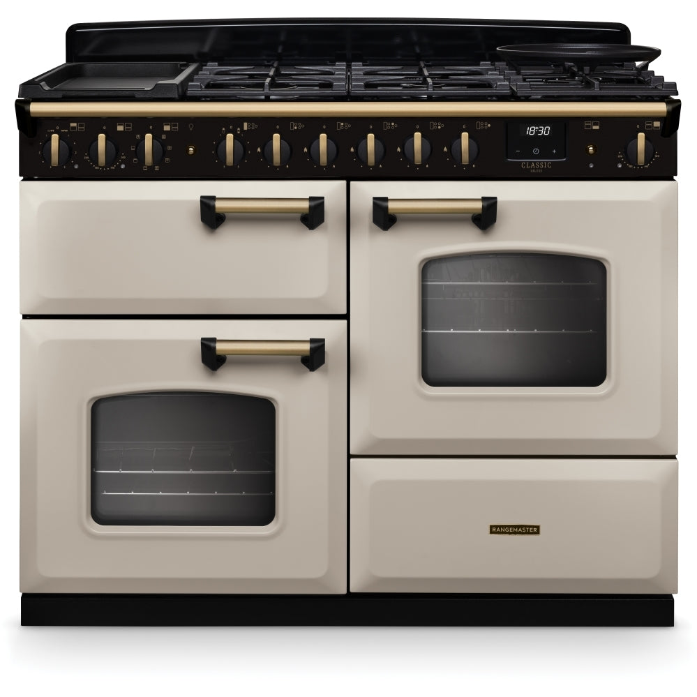 Rangemaster CLDLO110DFPPCR/AB1 Classic Deluxe Pale Cream / Antique Brass 110cm Dual Fuel Range Cooker - product image 1