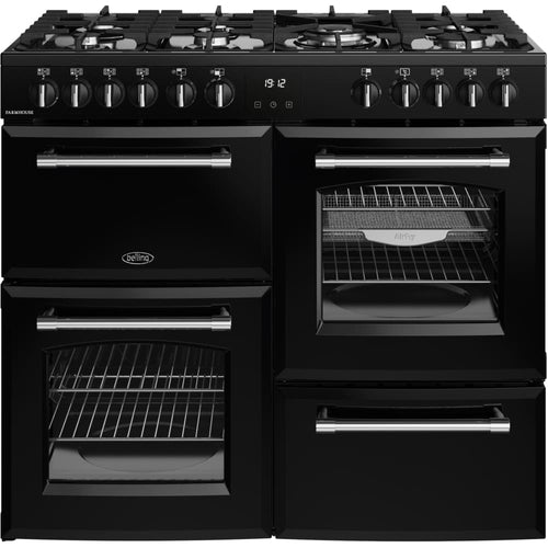 100cm Dual Fuel Belling Range Cooker, Black, A Rated - Farmhouse 100DF