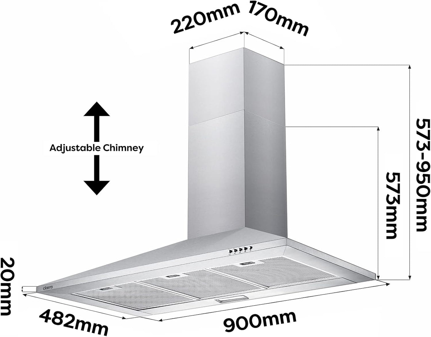 CIARRA 90cm  Cooker Hoods 900mm CBCS9201  Stainless Steel Cooker Hood – A++