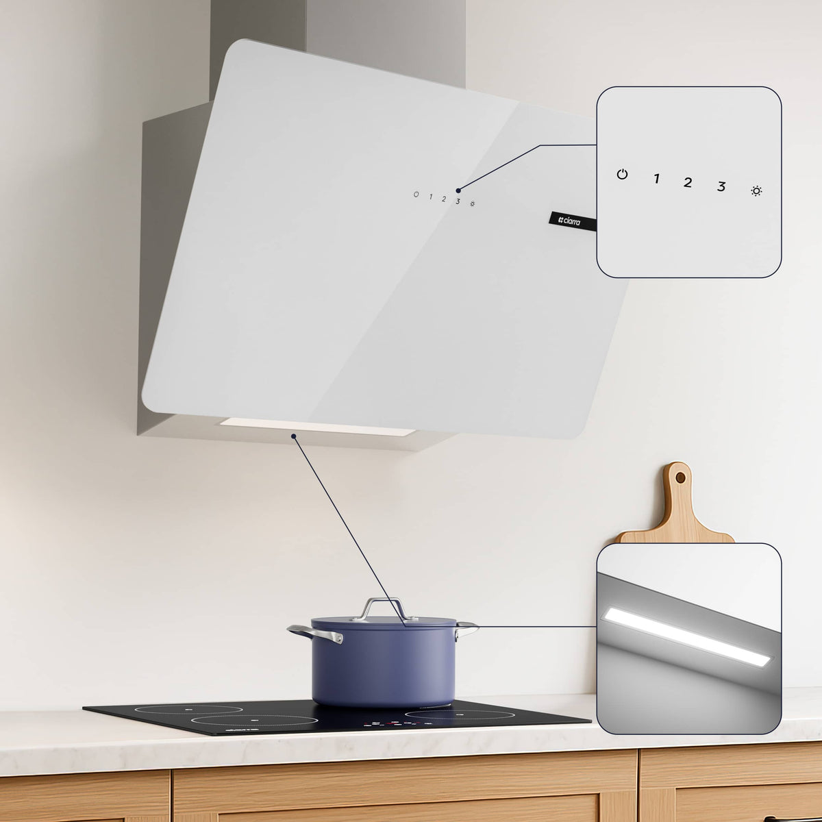 CIARRA 60cm White Angled Cooker Hood Touch Control CBCS6765B-OW