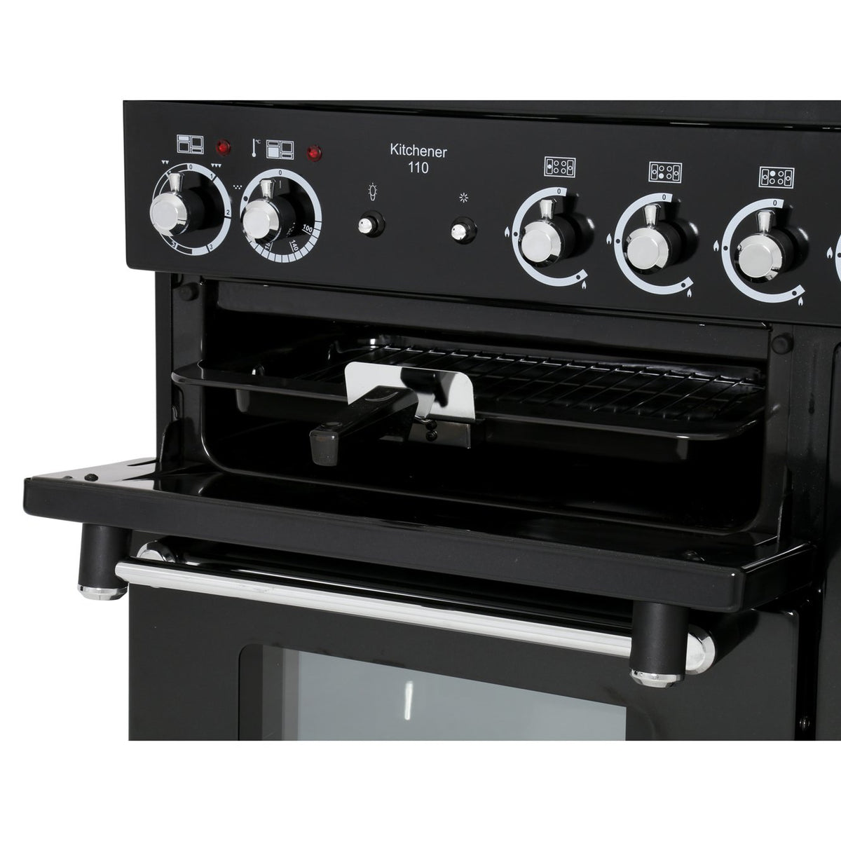 Rangemaster KCH110DFFBL/C Kitchener Black / Chrome 110cm Dual Fuel Range Cooker - product image 8