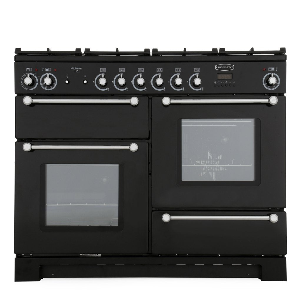 Rangemaster KCH110DFFBL/C Kitchener Black / Chrome 110cm Dual Fuel Range Cooker - product image 1