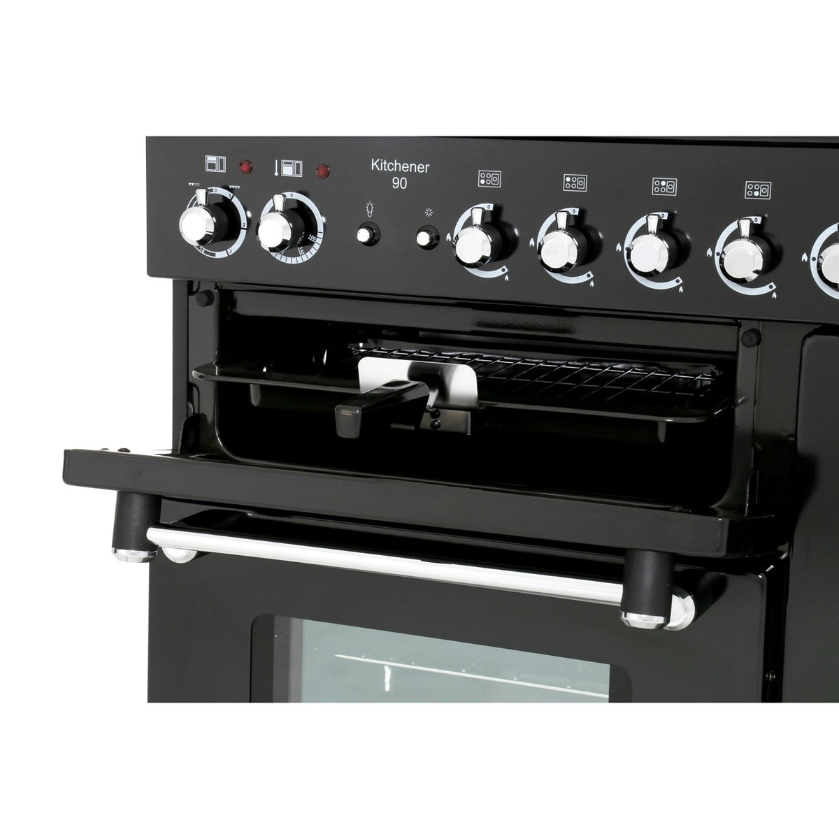 Rangemaster KCH90DFFBL/C Kitchener Black / Chrome 90cm Dual Fuel Range Cooker - product image 8