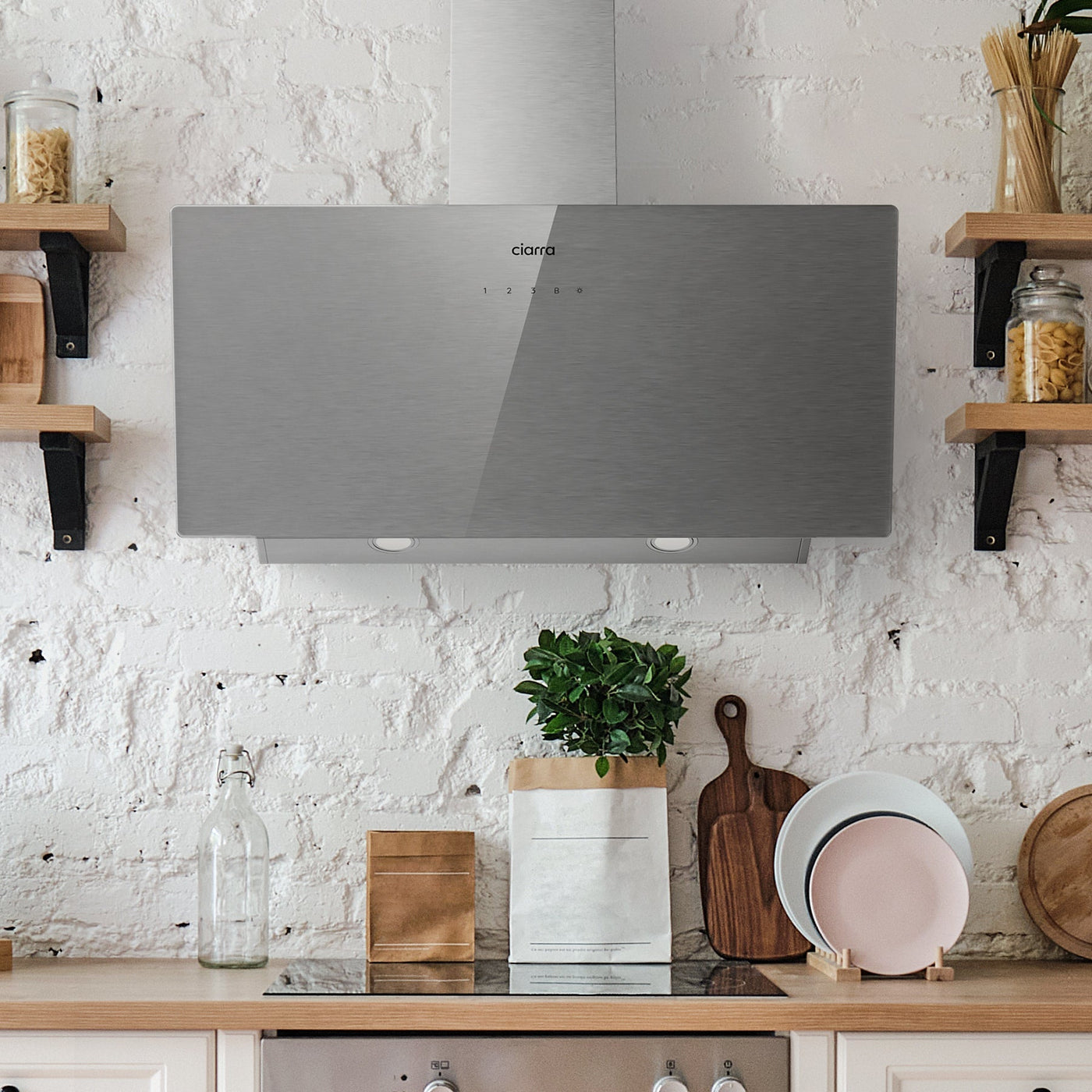 CIARRA 90cm Brushed Silver Glass Angled Cooker Hood With Touch Control A+++ CBCS9736H-S