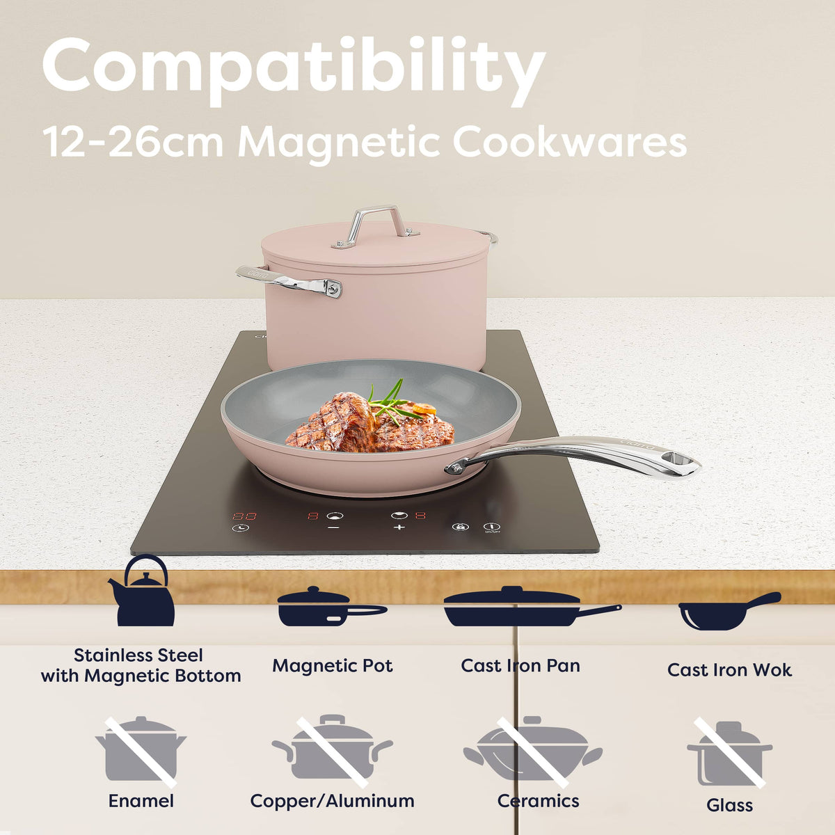 CIARRA 29cm Built-in Ceramic Hob 2 Zone 2900W Electric Hob with UK Plug Vertical Space-Saving Design Works with All Cookware CBBCH292T-OW