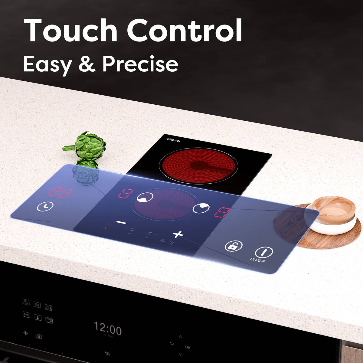 CIARRA 29cm Built-in Ceramic Hob 2 Zone 2900W Electric Hob with UK Plug Vertical Space-Saving Design Works with All Cookware CBBCH292T-OW