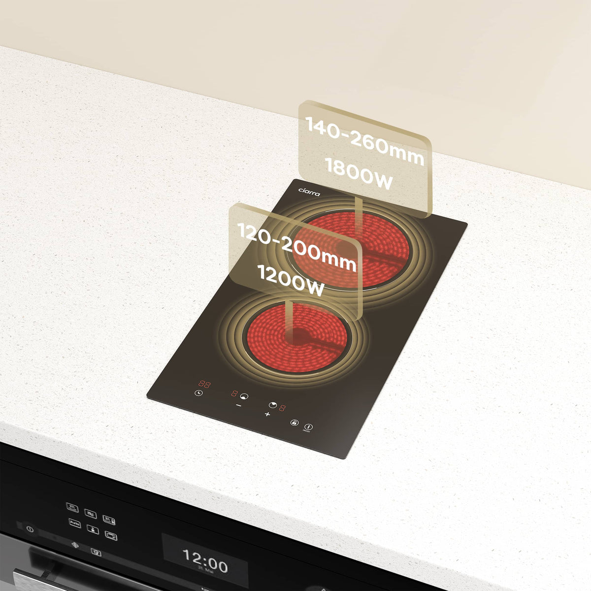 CIARRA 29cm Built-in Ceramic Hob 2 Zone 2900W Electric Hob with UK Plug Vertical Space-Saving Design Works with All Cookware CBBCH292T-OW