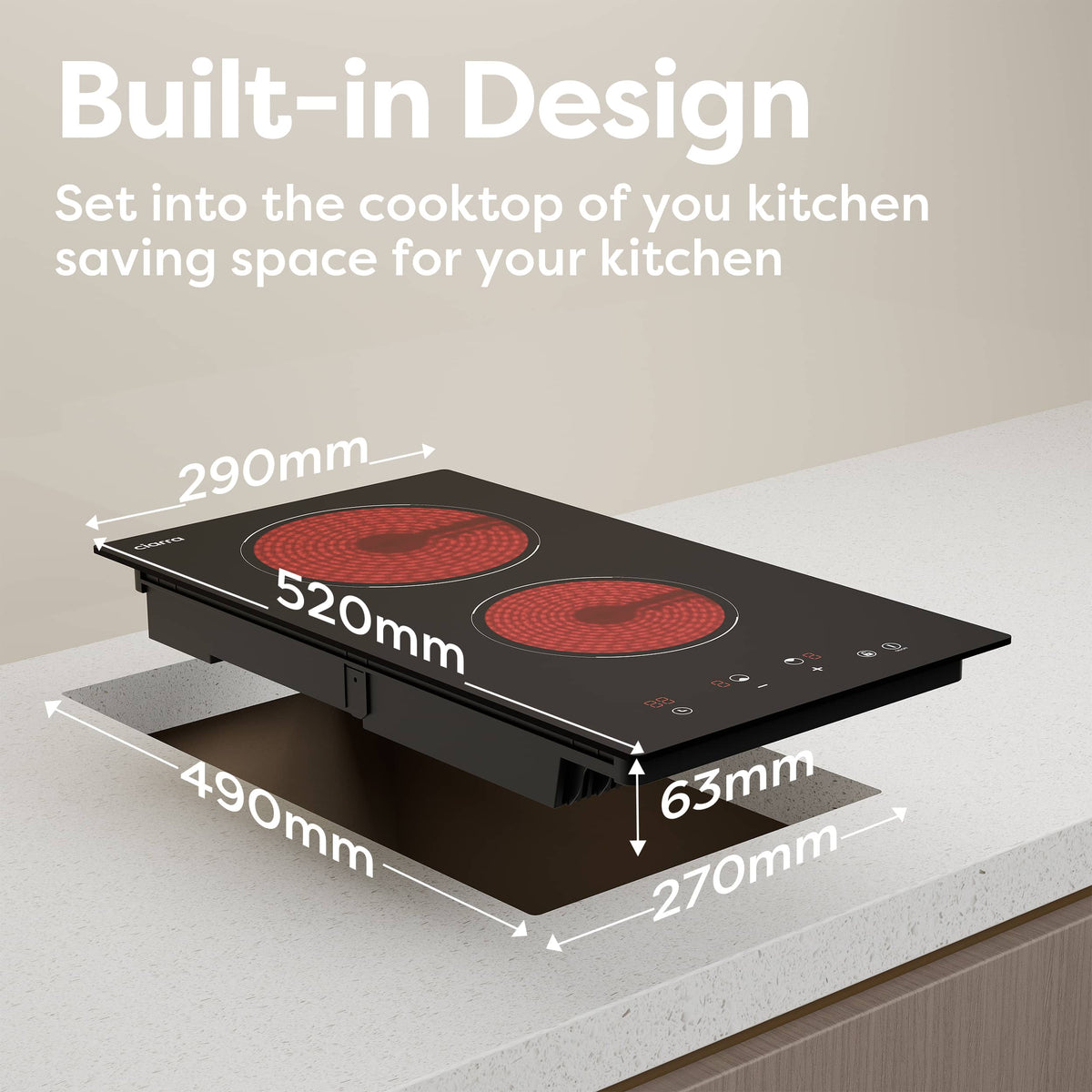CIARRA 29cm Built-in Ceramic Hob 2 Zone 2900W Electric Hob with UK Plug Vertical Space-Saving Design Works with All Cookware CBBCH292T-OW