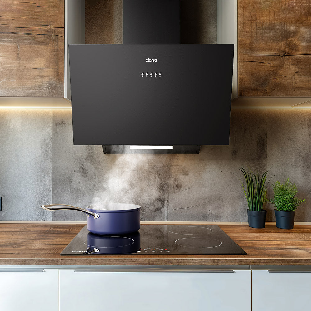 Ciarra 60cm Inclined Angled Cooker Hood Recirculation or Extraction Modes Stainless Steel Design in Black CBCB6762A-OW