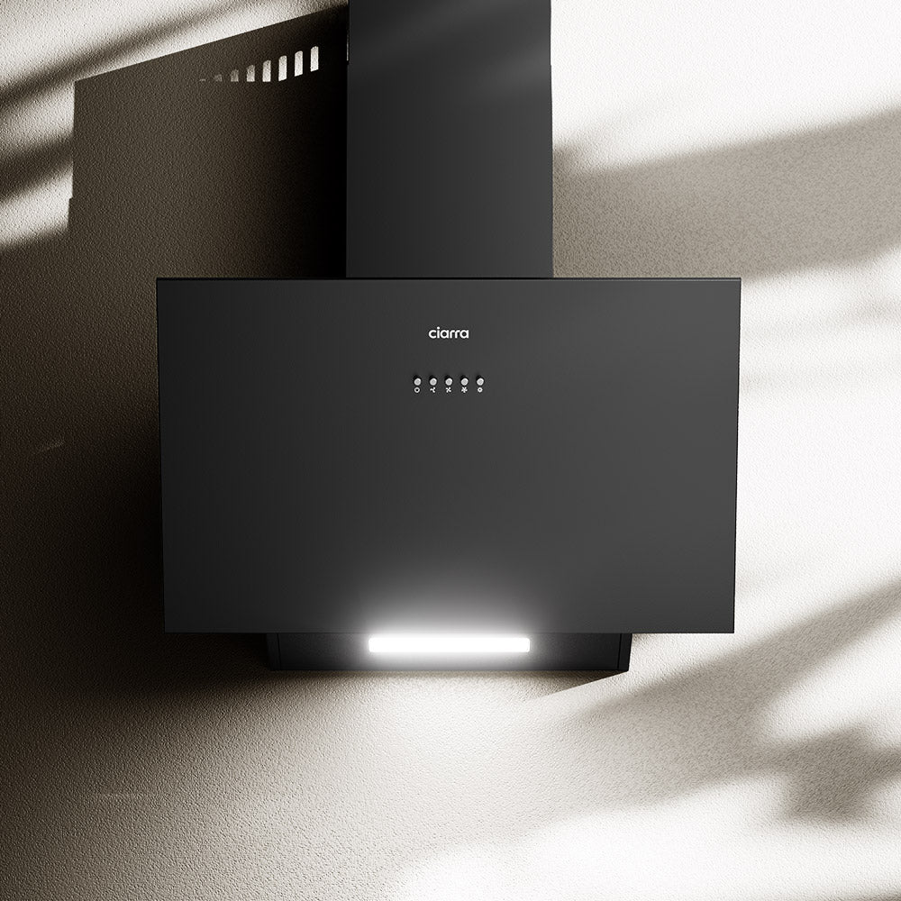 Ciarra 60cm Inclined Angled Cooker Hood Recirculation or Extraction Modes Stainless Steel Design in Black CBCB6762A-OW