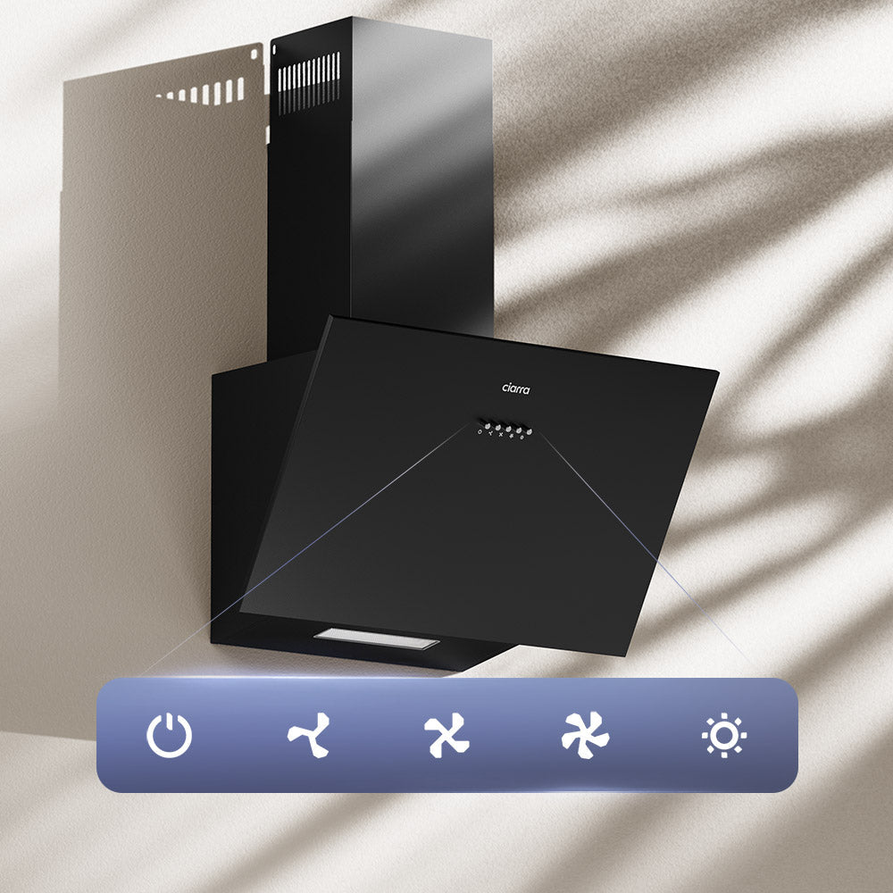 Ciarra 60cm Inclined Angled Cooker Hood Recirculation or Extraction Modes Stainless Steel Design in Black CBCB6762A-OW