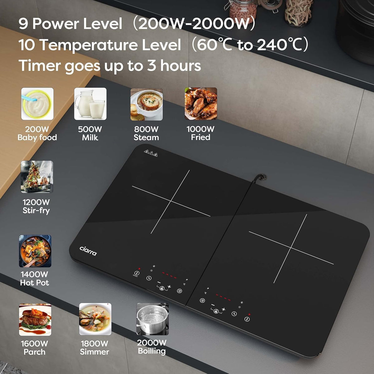 CIARRA 2800W Double Induction Hob – Touch Control, 9 Levels CUTIH2