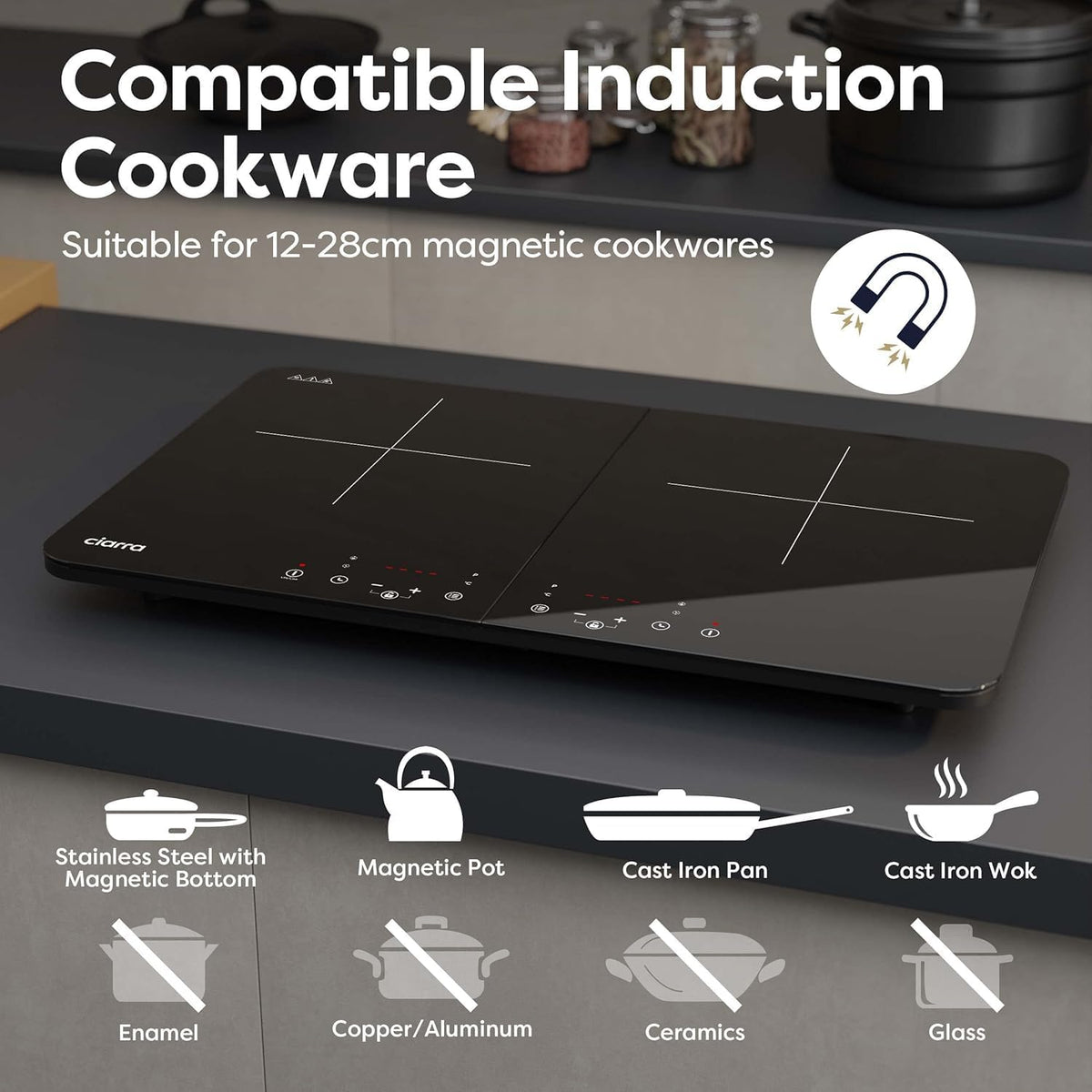 CIARRA 2800W Double Induction Hob – Touch Control, 9 Levels CUTIH2
