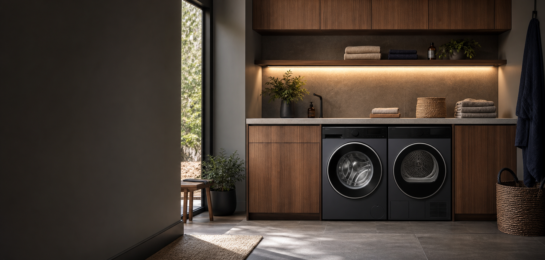 Contemporary utility room with washing machine and tumble dryer